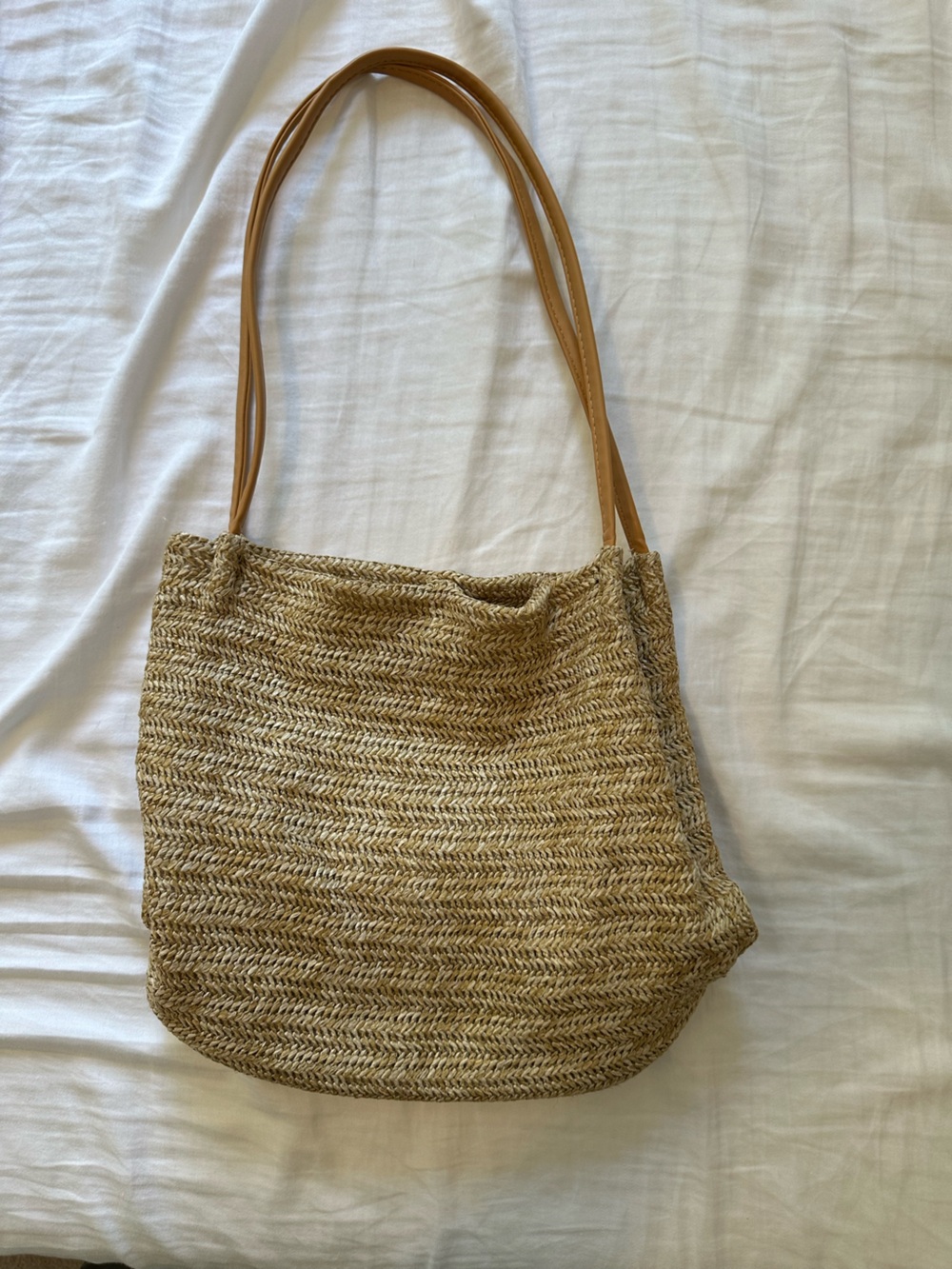 Natural Straw Tote Bag with Tan Shoulder Straps